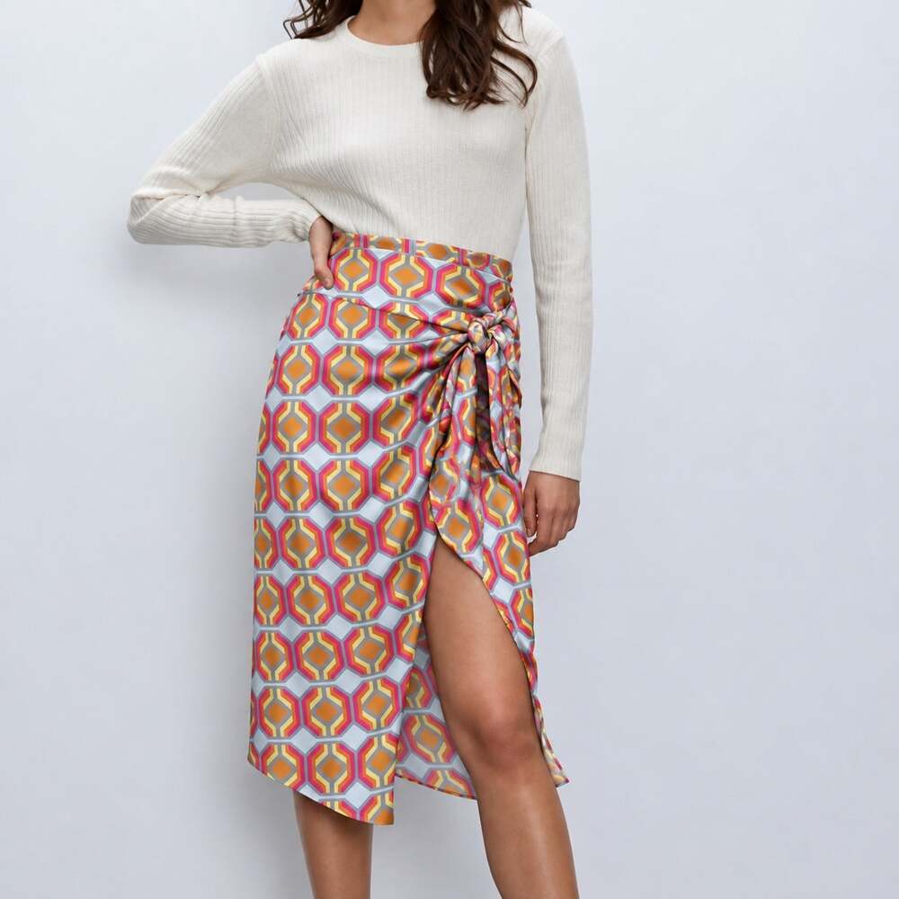 Aritzia Babaton Bello Silky Sarong Midi Skirt Colorful Geometric Print Size 6